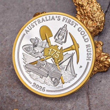 澳洲伯斯PERTH-澳洲首次淘金熱175週年紀念版-1盎司鍍金精製銀幣